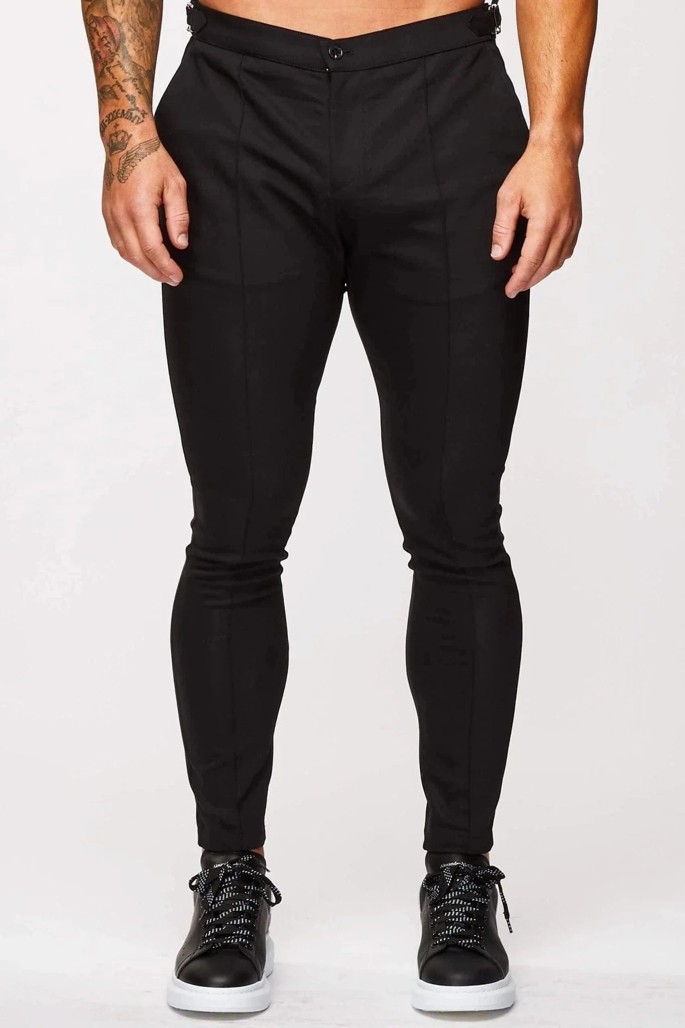 PLAIN STRETCH TROUSER W/ SIDE CINCH - BLACK