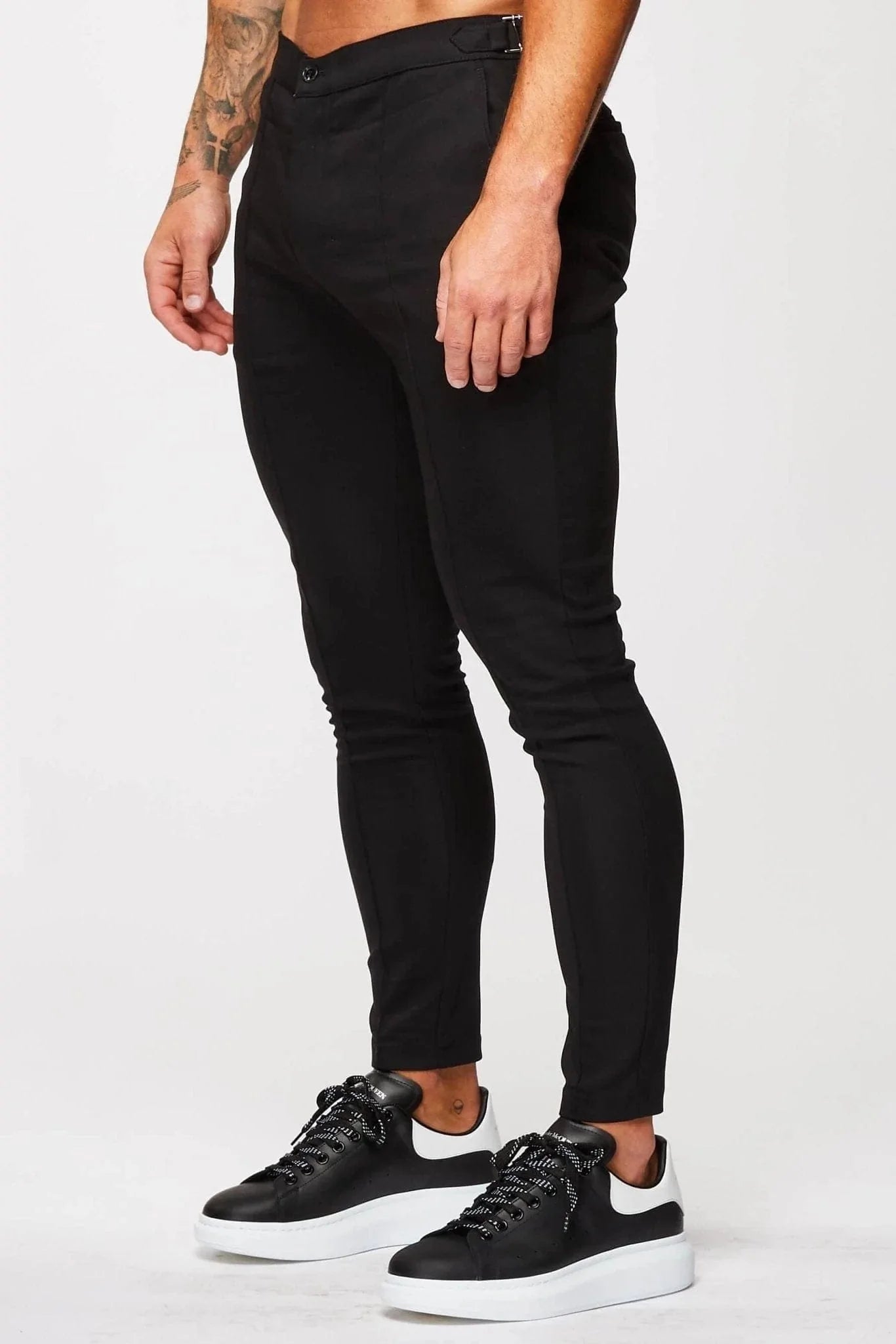 PLAIN STRETCH TROUSER W/ SIDE CINCH - BLACK